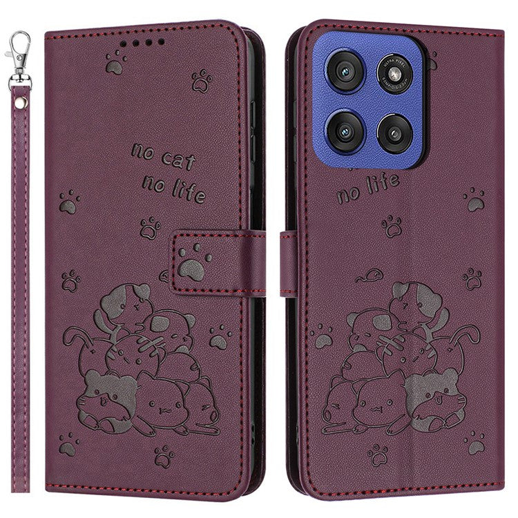Wallet Case for Motorola Edge 60 Fusion 5G / Edge (2025) 5G Cats Imprint Leather Phone Cover with Strap - Wine Red