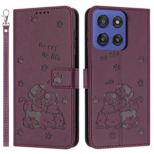 Wallet Case for Motorola Edge 60 Fusion 5G / Edge (2025) 5G Cats Imprint Leather Phone Cover with Strap - Wine Red