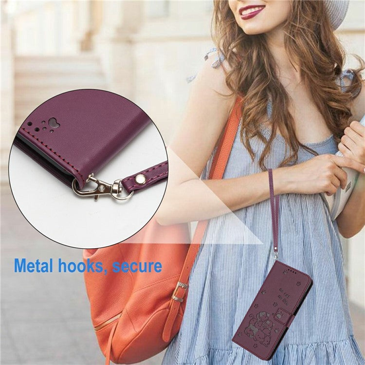 Wallet Case for Motorola Edge 60 Fusion 5G / Edge (2025) 5G Cats Imprint Leather Phone Cover with Strap - Wine Red