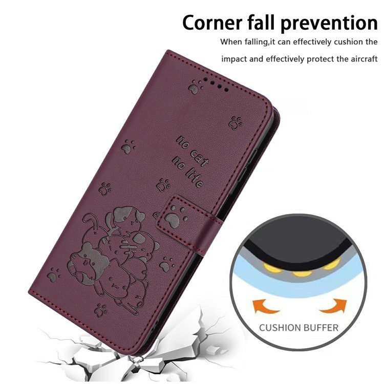 Wallet Case for Motorola Edge 60 Fusion 5G / Edge (2025) 5G Cats Imprint Leather Phone Cover with Strap - Wine Red