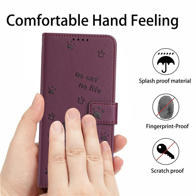 Wallet Case for Motorola Edge 60 Fusion 5G / Edge (2025) 5G Cats Imprint Leather Phone Cover with Strap - Wine Red