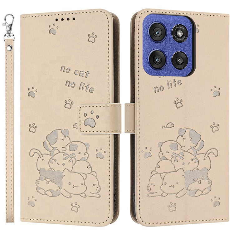 Wallet Case for Motorola Edge 60 Fusion 5G / Edge (2025) 5G Cats Imprint Leather Phone Cover with Strap - Beige