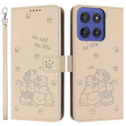 Wallet Case for Motorola Edge 60 Fusion 5G / Edge (2025) 5G Cats Imprint Leather Phone Cover with Strap - Beige