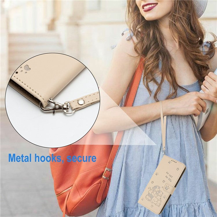 Wallet Case for Motorola Edge 60 Fusion 5G / Edge (2025) 5G Cats Imprint Leather Phone Cover with Strap - Beige
