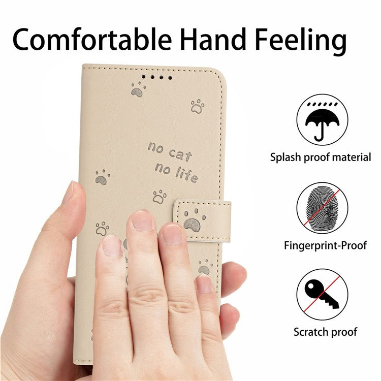 Wallet Case for Motorola Edge 60 Fusion 5G / Edge (2025) 5G Cats Imprint Leather Phone Cover with Strap - Beige
