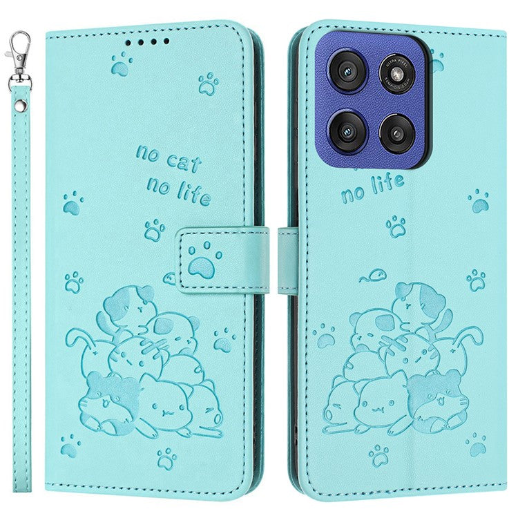 Wallet Case for Motorola Edge 60 Fusion 5G / Edge (2025) 5G Cats Imprint Leather Phone Cover with Strap - Green