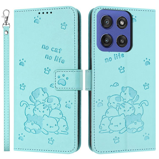 Wallet Case for Motorola Edge 60 Fusion 5G / Edge (2025) 5G Cats Imprint Leather Phone Cover with Strap - Green