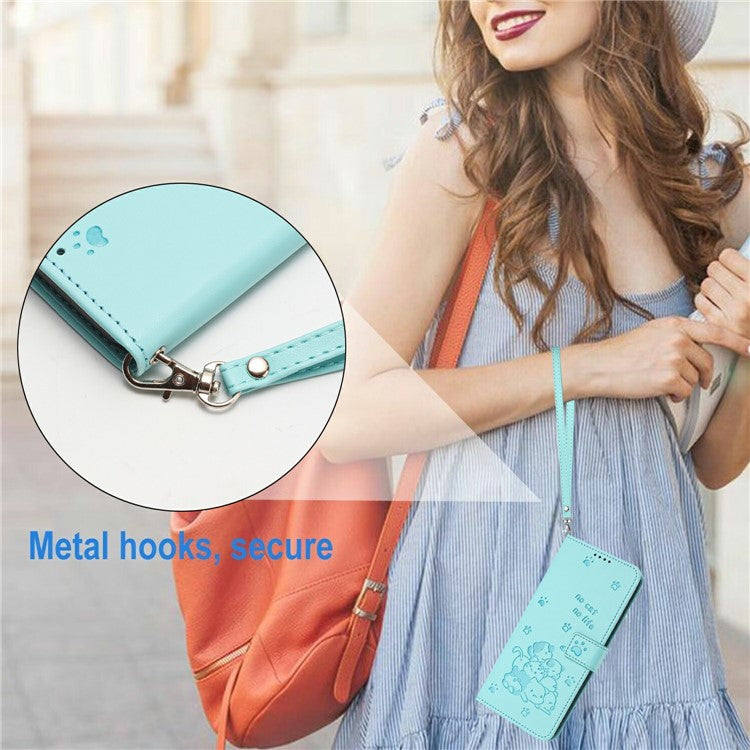 Wallet Case for Motorola Edge 60 Fusion 5G / Edge (2025) 5G Cats Imprint Leather Phone Cover with Strap - Green