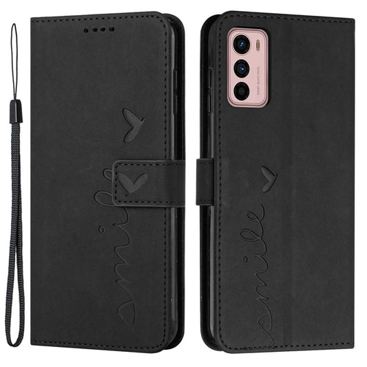 Skin-touch PU Leather Phone Case for Motorola Moto G42 4G, Imprinting Heart Pattern Stand Wallet Flip Phone Cover Shell - Black