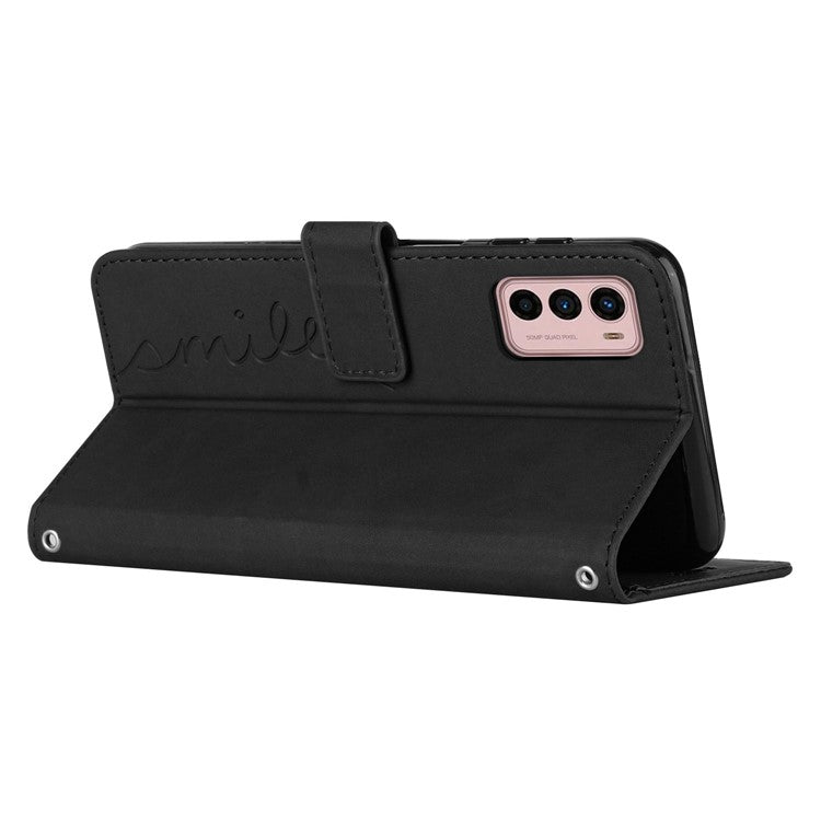 Skin-touch PU Leather Phone Case for Motorola Moto G42 4G, Imprinting Heart Pattern Stand Wallet Flip Phone Cover Shell - Black