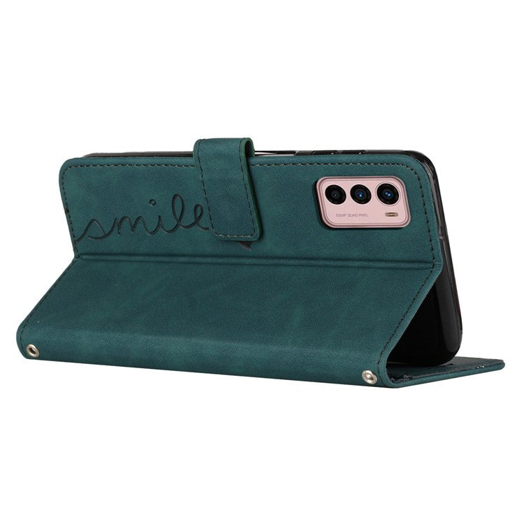 Skin-touch PU Leather Phone Case for Motorola Moto G42 4G, Imprinting Heart Pattern Stand Wallet Flip Phone Cover Shell - Green