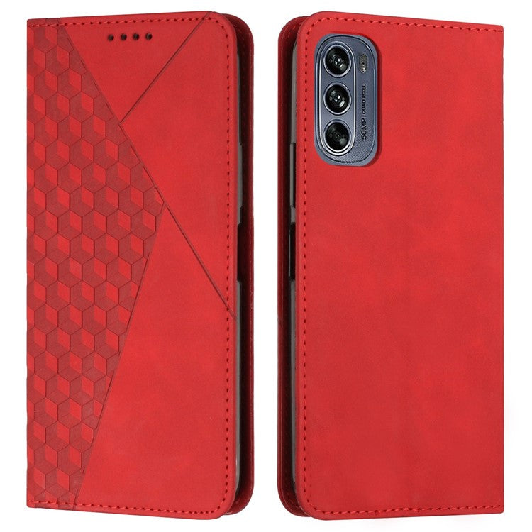 Rhombus Pattern Imprinted Phone Case for Motorola Moto G62 5G, Skin-touch PU Leather Wallet Stand Protective Cover - Red