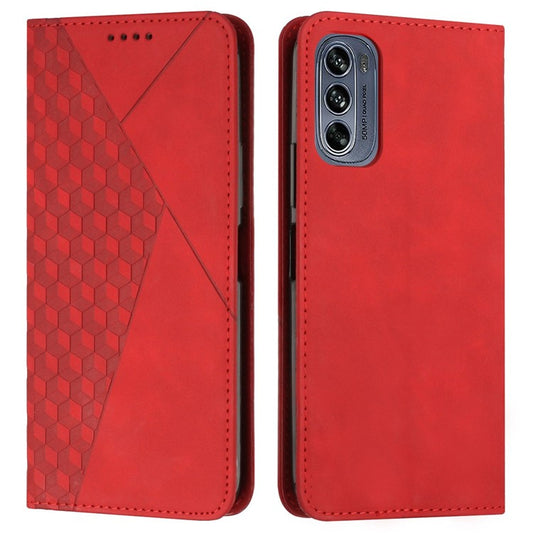 Rhombus Pattern Imprinted Phone Case for Motorola Moto G62 5G, Skin-touch PU Leather Wallet Stand Protective Cover - Red