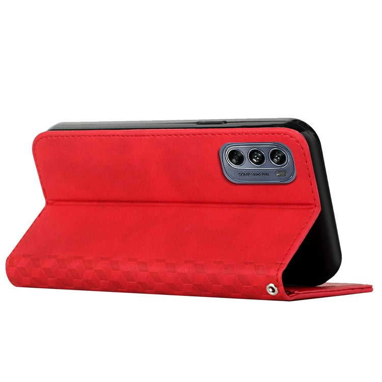 Rhombus Pattern Imprinted Phone Case for Motorola Moto G62 5G, Skin-touch PU Leather Wallet Stand Protective Cover - Red