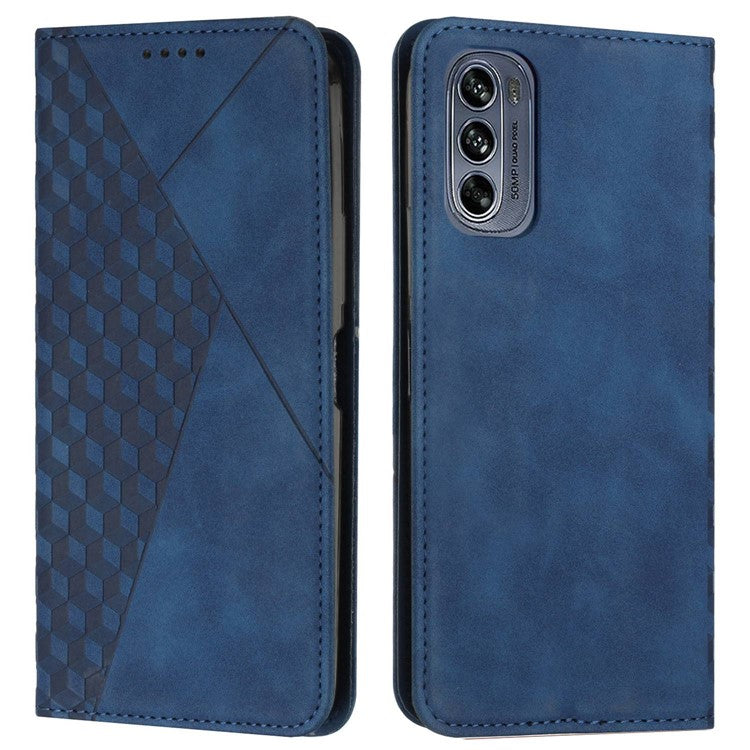 Rhombus Pattern Imprinted Phone Case for Motorola Moto G62 5G, Skin-touch PU Leather Wallet Stand Protective Cover - Sapphire