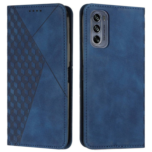 Rhombus Pattern Imprinted Phone Case for Motorola Moto G62 5G, Skin-touch PU Leather Wallet Stand Protective Cover - Sapphire