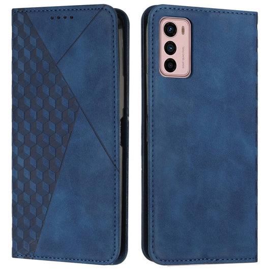 PU Leather Phone Case for Motorola Moto G42 4G, Rhombus Pattern Imprinted Skin-touch Cover Flip Stand Wallet Protective Shell - Sapphire