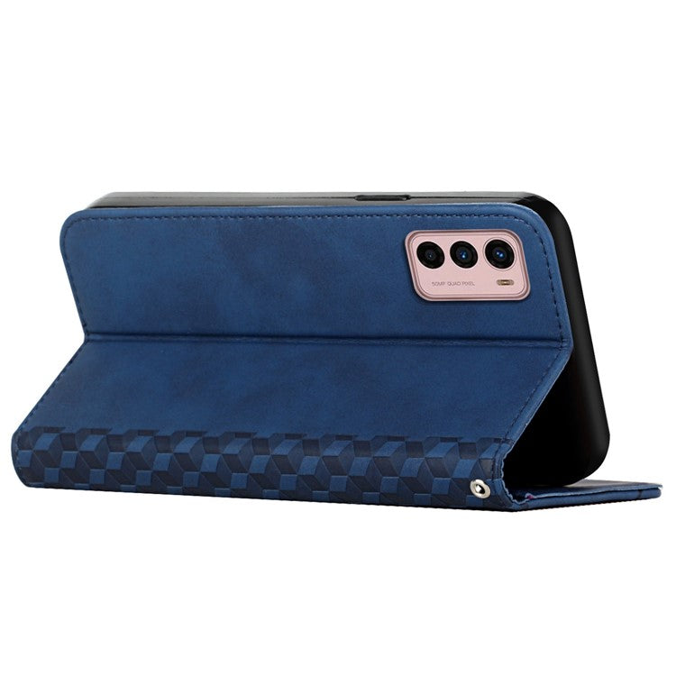 PU Leather Phone Case for Motorola Moto G42 4G, Rhombus Pattern Imprinted Skin-touch Cover Flip Stand Wallet Protective Shell - Sapphire
