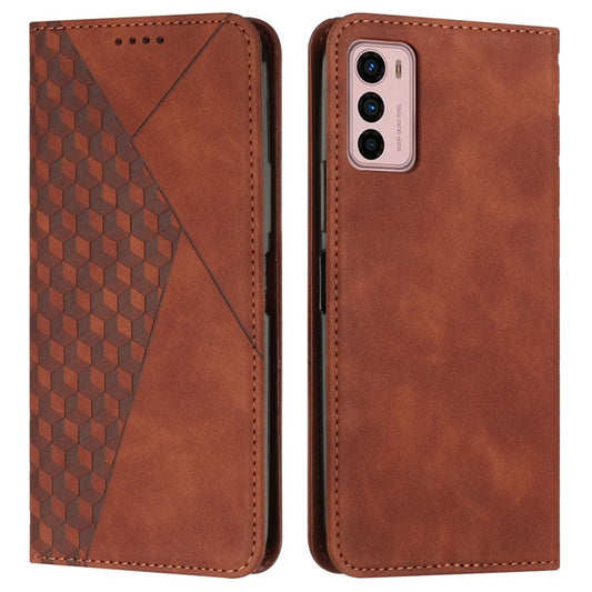 PU Leather Phone Case for Motorola Moto G42 4G, Rhombus Pattern Imprinted Skin-touch Cover Flip Stand Wallet Protective Shell - Brown