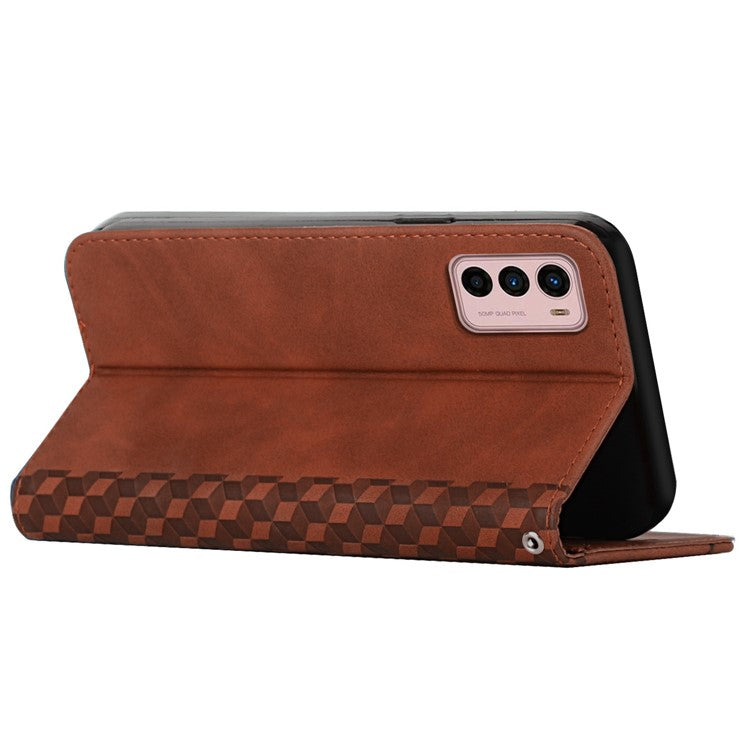 PU Leather Phone Case for Motorola Moto G42 4G, Rhombus Pattern Imprinted Skin-touch Cover Flip Stand Wallet Protective Shell - Brown