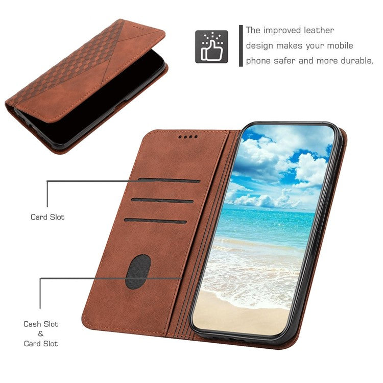 PU Leather Phone Case for Motorola Moto G42 4G, Rhombus Pattern Imprinted Skin-touch Cover Flip Stand Wallet Protective Shell - Brown