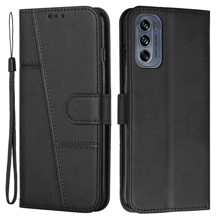 Stitching Design Cell Phone Case for Motorola Moto G62 5G, Inner TPU+PU Leather Shell Wallet Stand Phone Cover with Strap - Black