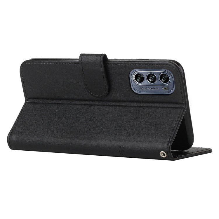 Stitching Design Cell Phone Case for Motorola Moto G62 5G, Inner TPU+PU Leather Shell Wallet Stand Phone Cover with Strap - Black