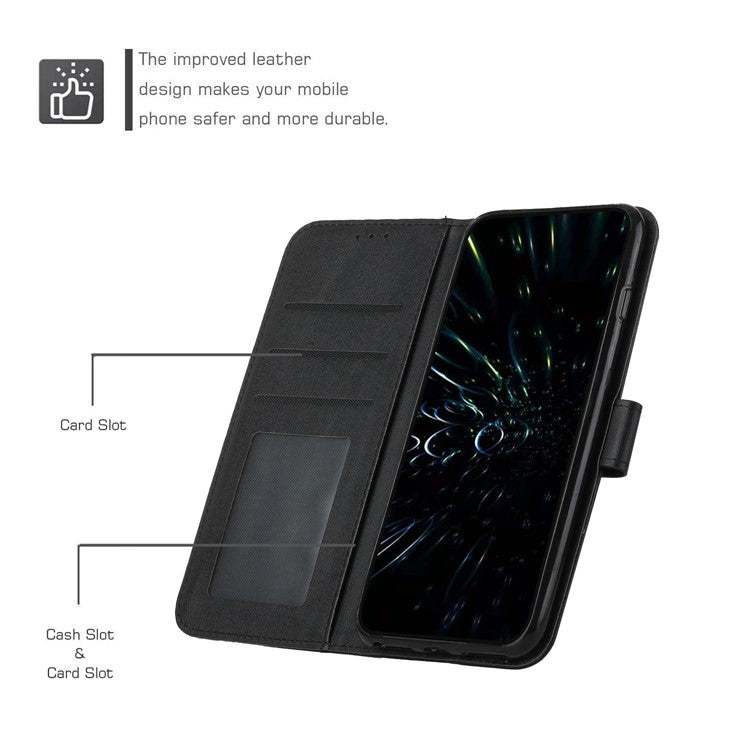 Stitching Design Cell Phone Case for Motorola Moto G62 5G, Inner TPU+PU Leather Shell Wallet Stand Phone Cover with Strap - Black