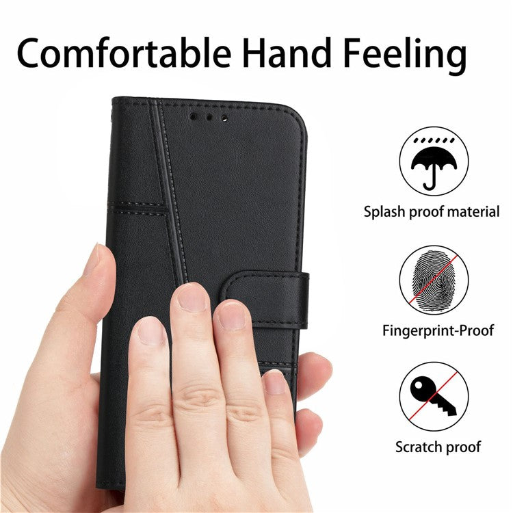 Stitching Design Cell Phone Case for Motorola Moto G62 5G, Inner TPU+PU Leather Shell Wallet Stand Phone Cover with Strap - Black