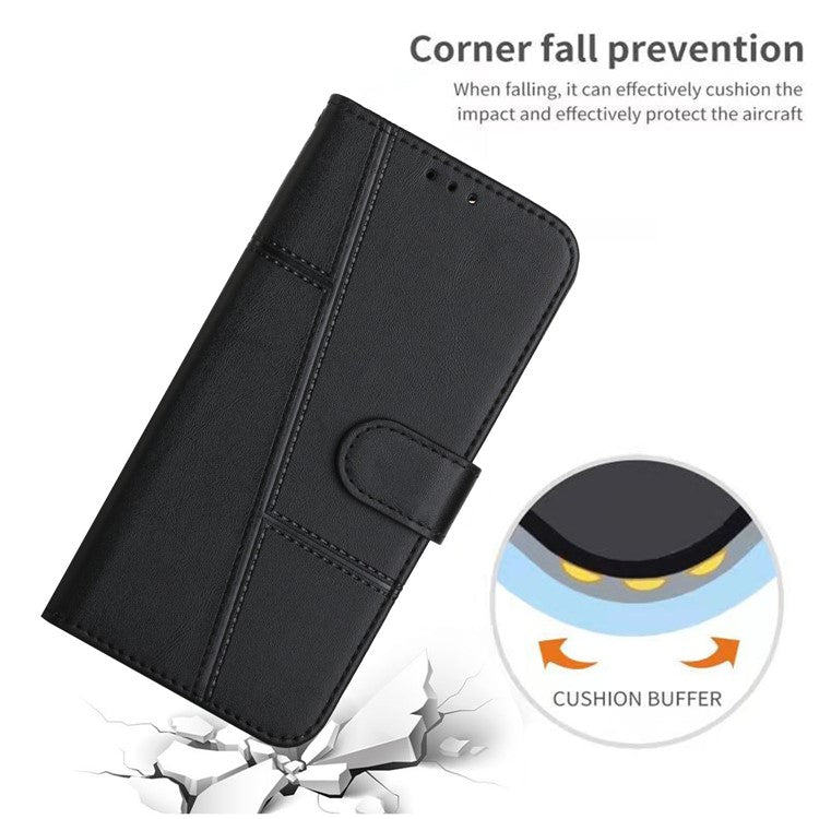 Stitching Design Cell Phone Case for Motorola Moto G62 5G, Inner TPU+PU Leather Shell Wallet Stand Phone Cover with Strap - Black