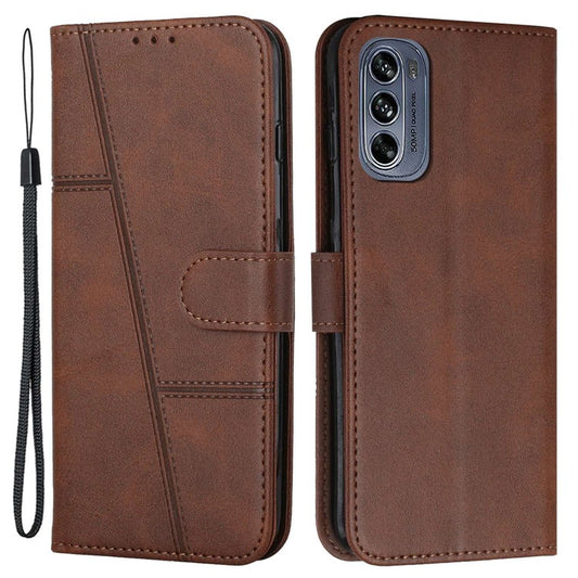 Stitching Design Cell Phone Case for Motorola Moto G62 5G, Inner TPU+PU Leather Shell Wallet Stand Phone Cover with Strap - Brown