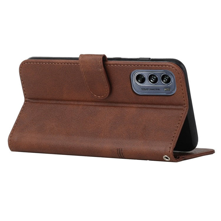 Stitching Design Cell Phone Case for Motorola Moto G62 5G, Inner TPU+PU Leather Shell Wallet Stand Phone Cover with Strap - Brown