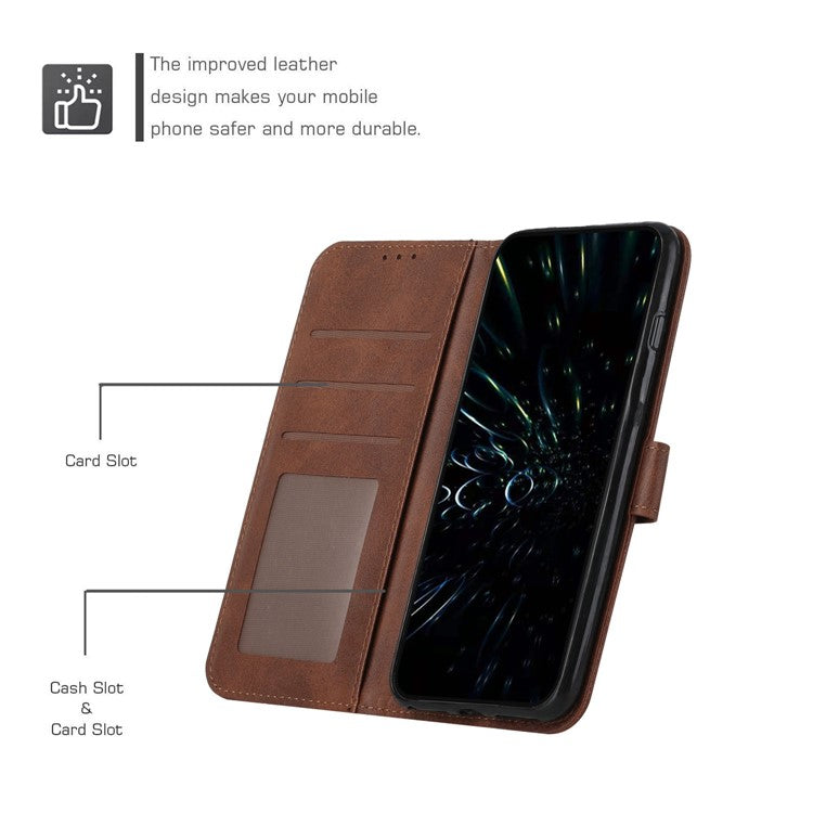 Stitching Design Cell Phone Case for Motorola Moto G62 5G, Inner TPU+PU Leather Shell Wallet Stand Phone Cover with Strap - Brown