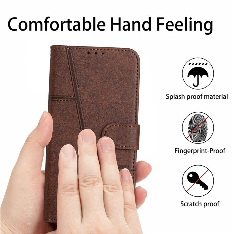 Stitching Design Cell Phone Case for Motorola Moto G62 5G, Inner TPU+PU Leather Shell Wallet Stand Phone Cover with Strap - Brown