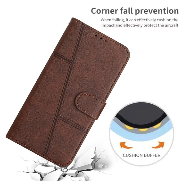 Stitching Design Cell Phone Case for Motorola Moto G62 5G, Inner TPU+PU Leather Shell Wallet Stand Phone Cover with Strap - Brown