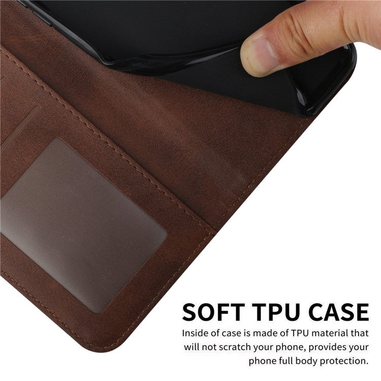 Stitching Design Cell Phone Case for Motorola Moto G62 5G, Inner TPU+PU Leather Shell Wallet Stand Phone Cover with Strap - Brown