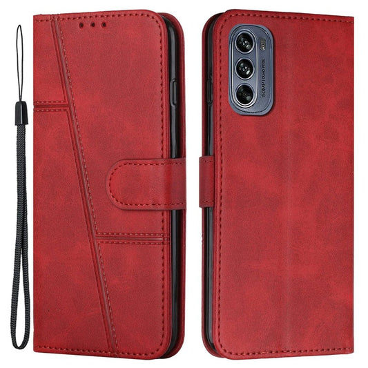 Stitching Design Cell Phone Case for Motorola Moto G62 5G, Inner TPU+PU Leather Shell Wallet Stand Phone Cover with Strap - Red