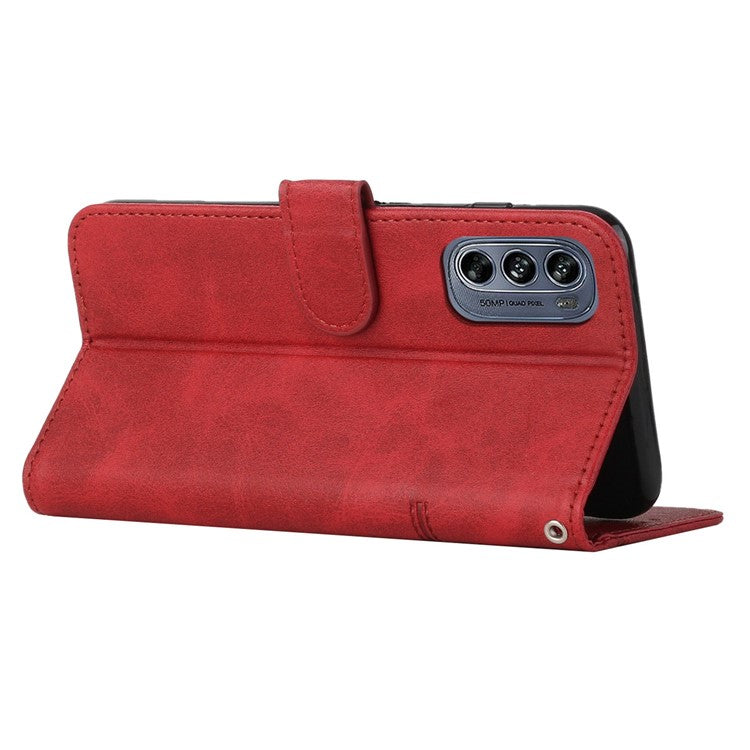 Stitching Design Cell Phone Case for Motorola Moto G62 5G, Inner TPU+PU Leather Shell Wallet Stand Phone Cover with Strap - Red