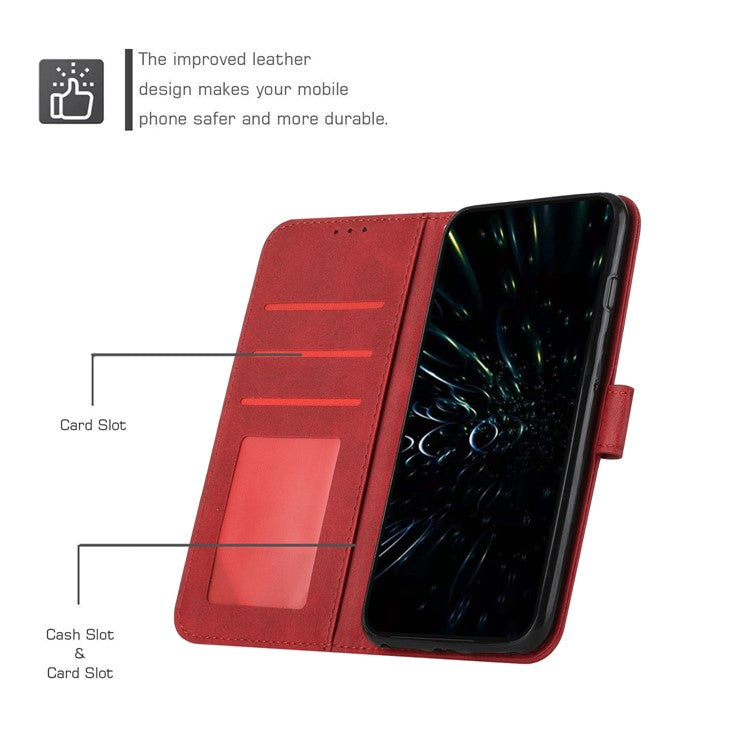 Stitching Design Cell Phone Case for Motorola Moto G62 5G, Inner TPU+PU Leather Shell Wallet Stand Phone Cover with Strap - Red