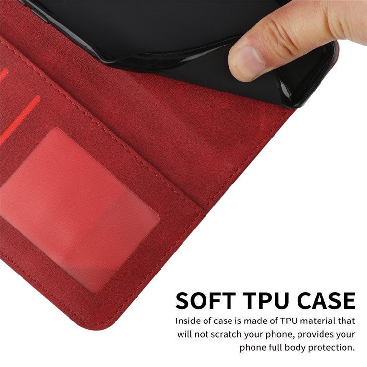 Stitching Design Cell Phone Case for Motorola Moto G62 5G, Inner TPU+PU Leather Shell Wallet Stand Phone Cover with Strap - Red
