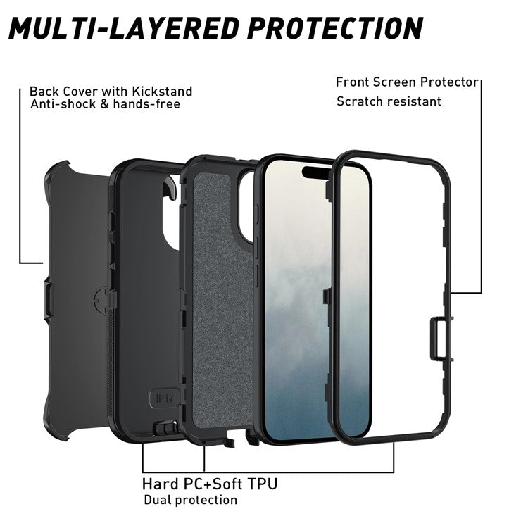 For iPhone 17 Rugged Case PC + TPU Cell Phone Cover with Back Clip Kickstand - Black