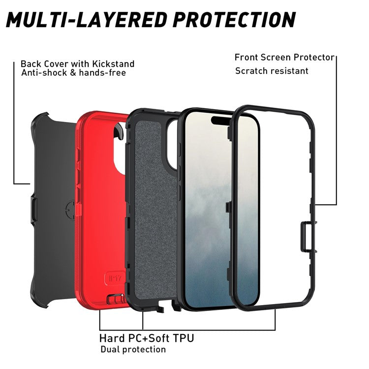 For iPhone 17 Rugged Case PC + TPU Cell Phone Cover with Back Clip Kickstand - Red  /  Black