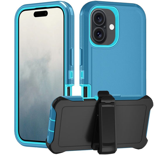 For iPhone 17 Rugged Case PC + TPU Cell Phone Cover with Back Clip Kickstand - Lake Blue