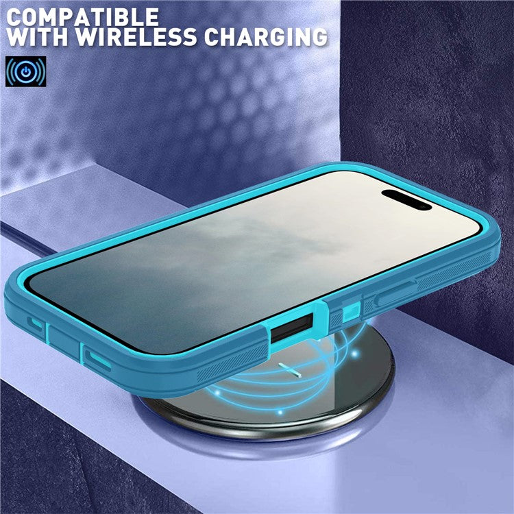 For iPhone 17 Rugged Case PC + TPU Cell Phone Cover with Back Clip Kickstand - Lake Blue