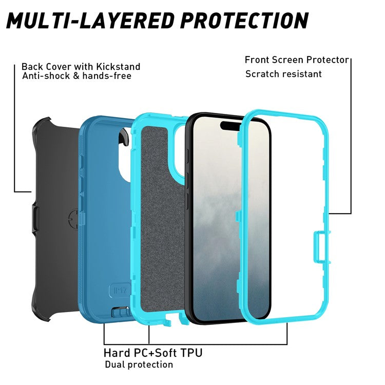 For iPhone 17 Rugged Case PC + TPU Cell Phone Cover with Back Clip Kickstand - Lake Blue