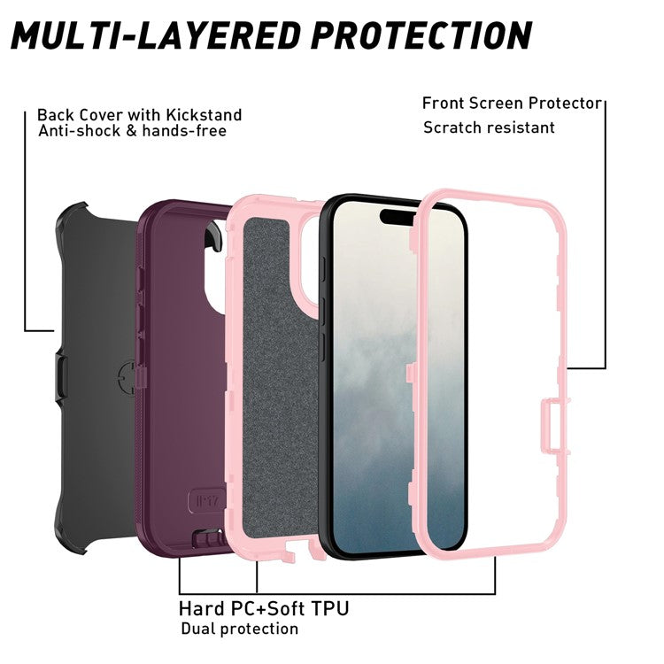 For iPhone 17 Rugged Case PC + TPU Cell Phone Cover with Back Clip Kickstand - Wine Red