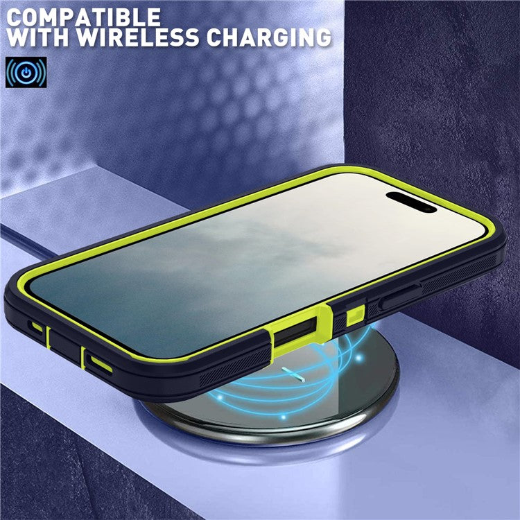 For iPhone 17 Rugged Case PC + TPU Cell Phone Cover with Back Clip Kickstand - Blue  /  Green