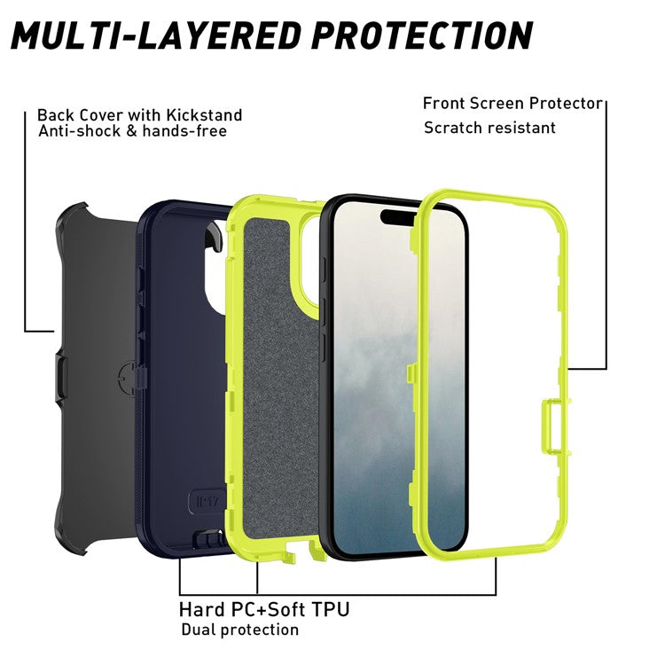 For iPhone 17 Rugged Case PC + TPU Cell Phone Cover with Back Clip Kickstand - Blue  /  Green