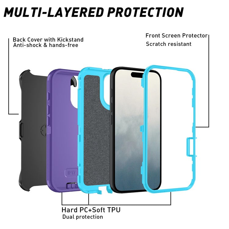 For iPhone 17 Rugged Case PC + TPU Cell Phone Cover with Back Clip Kickstand - Light Purple
