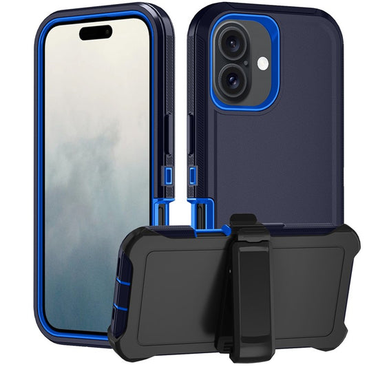 For iPhone 17 Rugged Case PC + TPU Cell Phone Cover with Back Clip Kickstand - Dark Blue